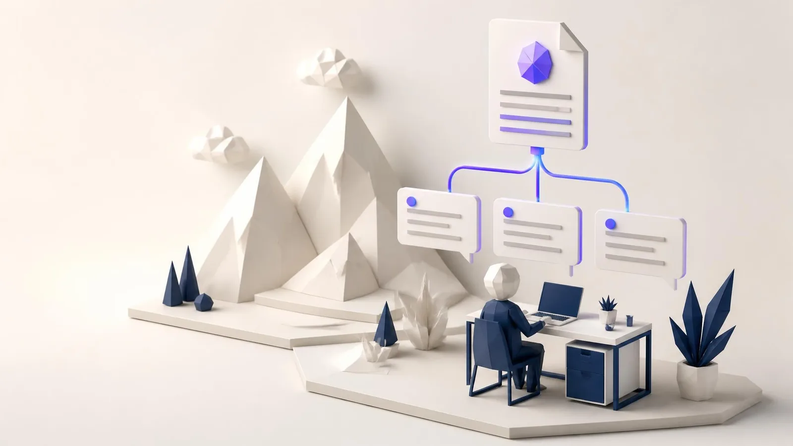3D illustrated diorama of a small engineer figure at a white desk with floating speech-bubble question panels rising above them, connected by violet gradient lines to a FAQ document card, on a pale blue-grey gradient background.
