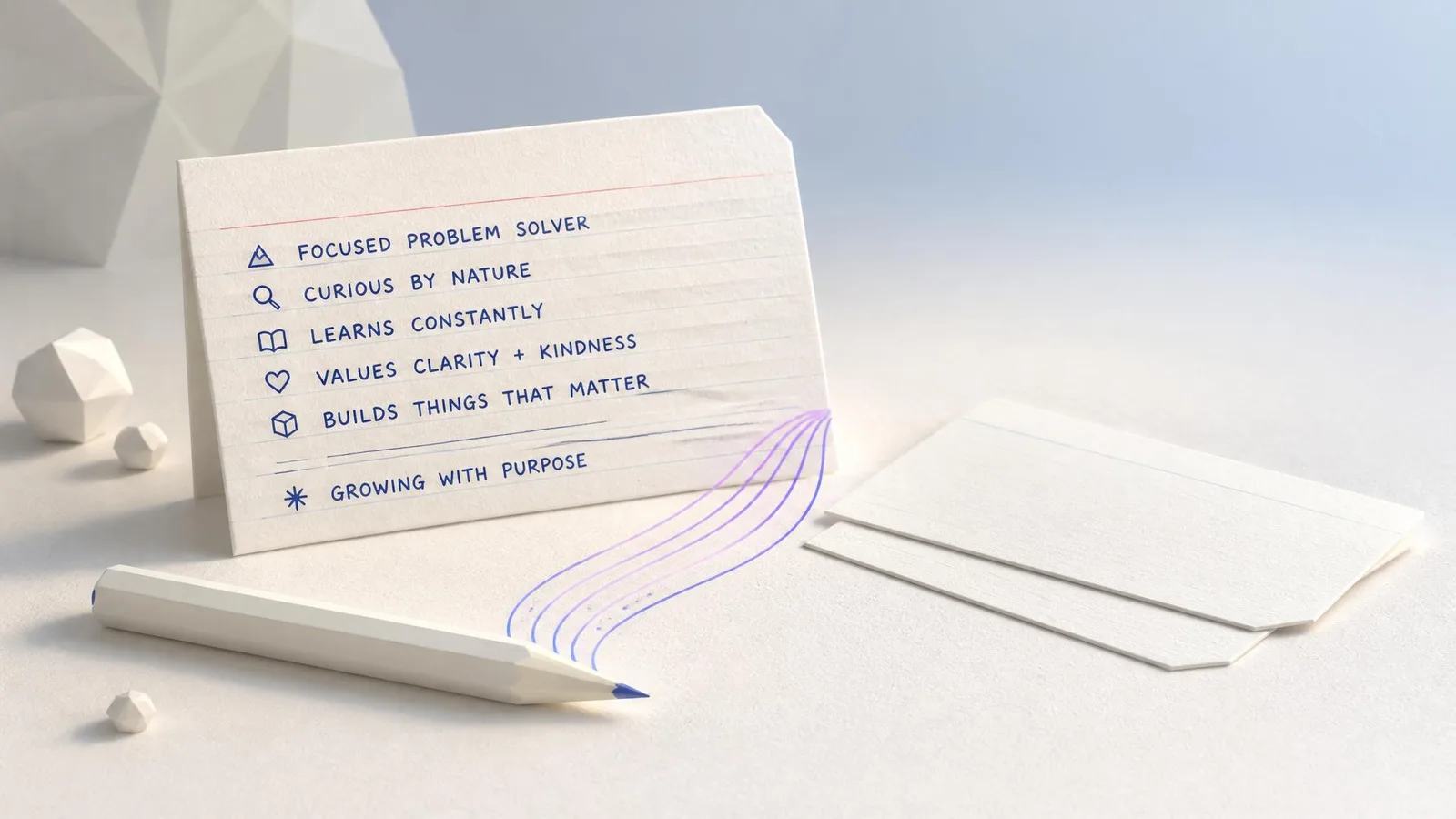 A handwritten index card on a cream surface with bullet points representing a customer profile, accompanied by a pencil and a small stack of blank cards -- illustrating the practical exercise of writing down your target audience definition.