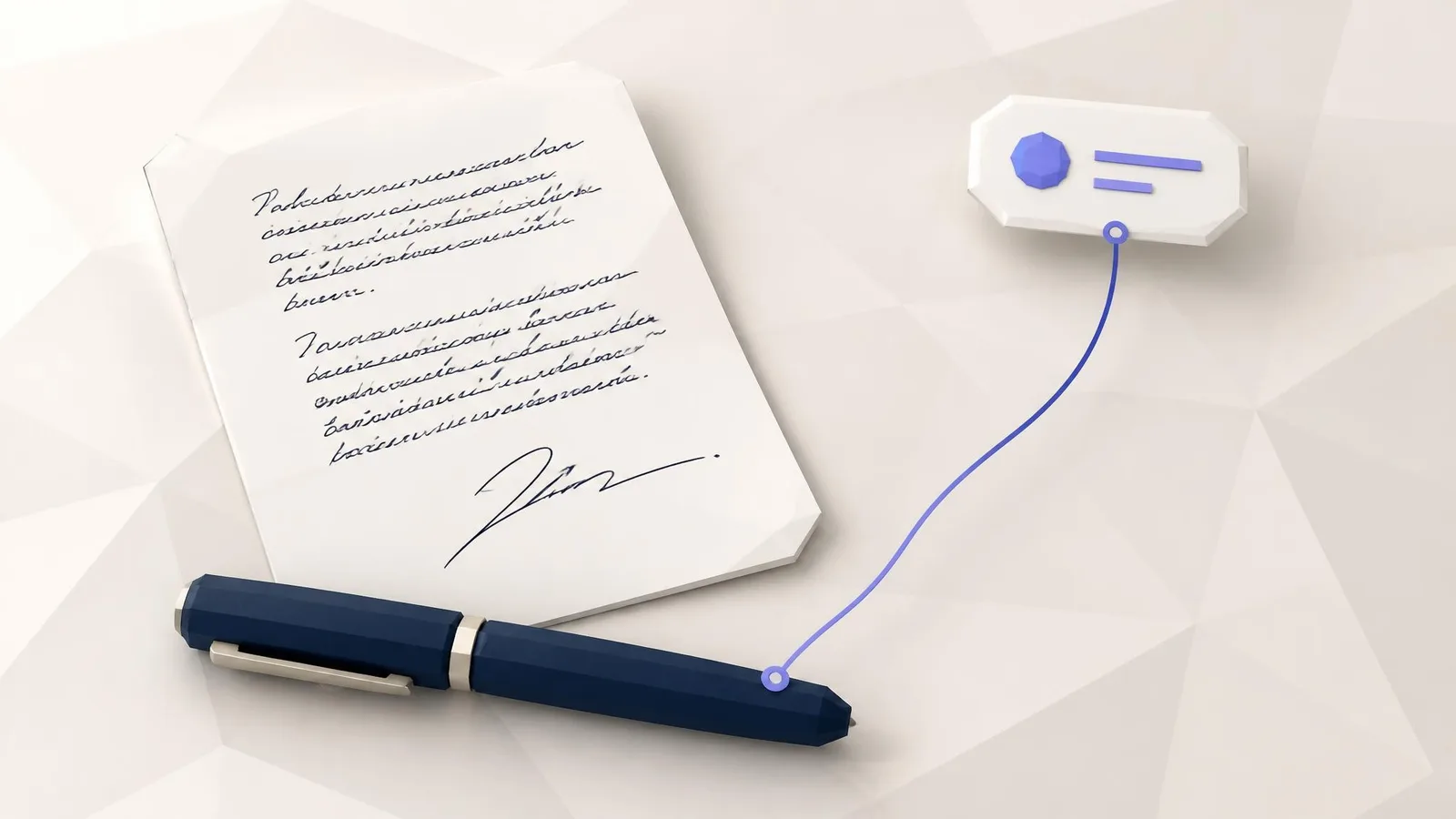 A handwritten document with a clear personal signature and a fountain pen on a cream surface -- representing the irreplaceable personal authorship and voice that gives founder-led content a structural advantage over brand-account content.