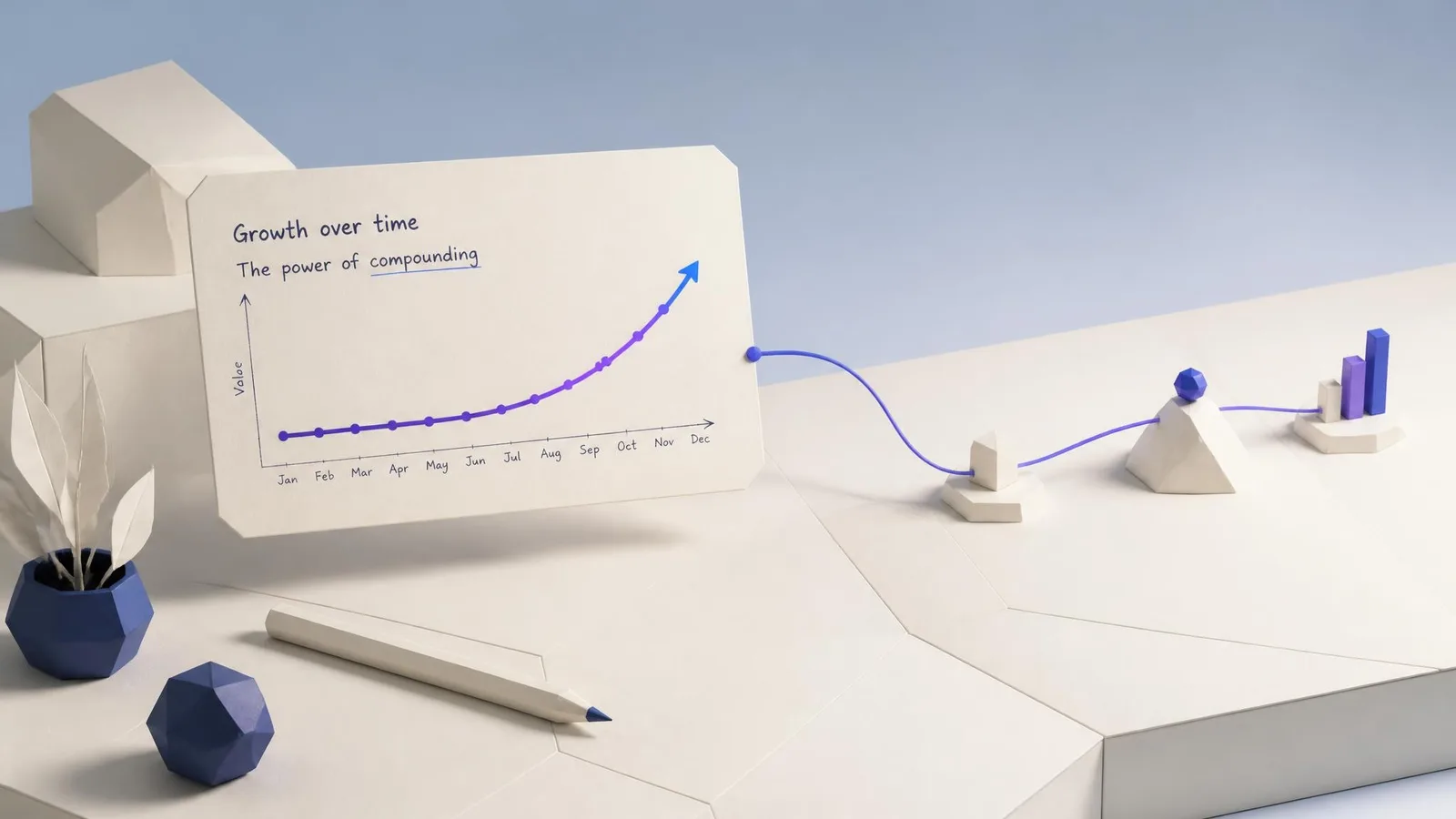 A hand-drawn compounding growth curve on cream card stock with handwritten month labels, a pencil, and a small amber-gold paperclip on a light wood surface -- illustrating the deferred but durable payoff timeline of a consistent content marketing strategy.