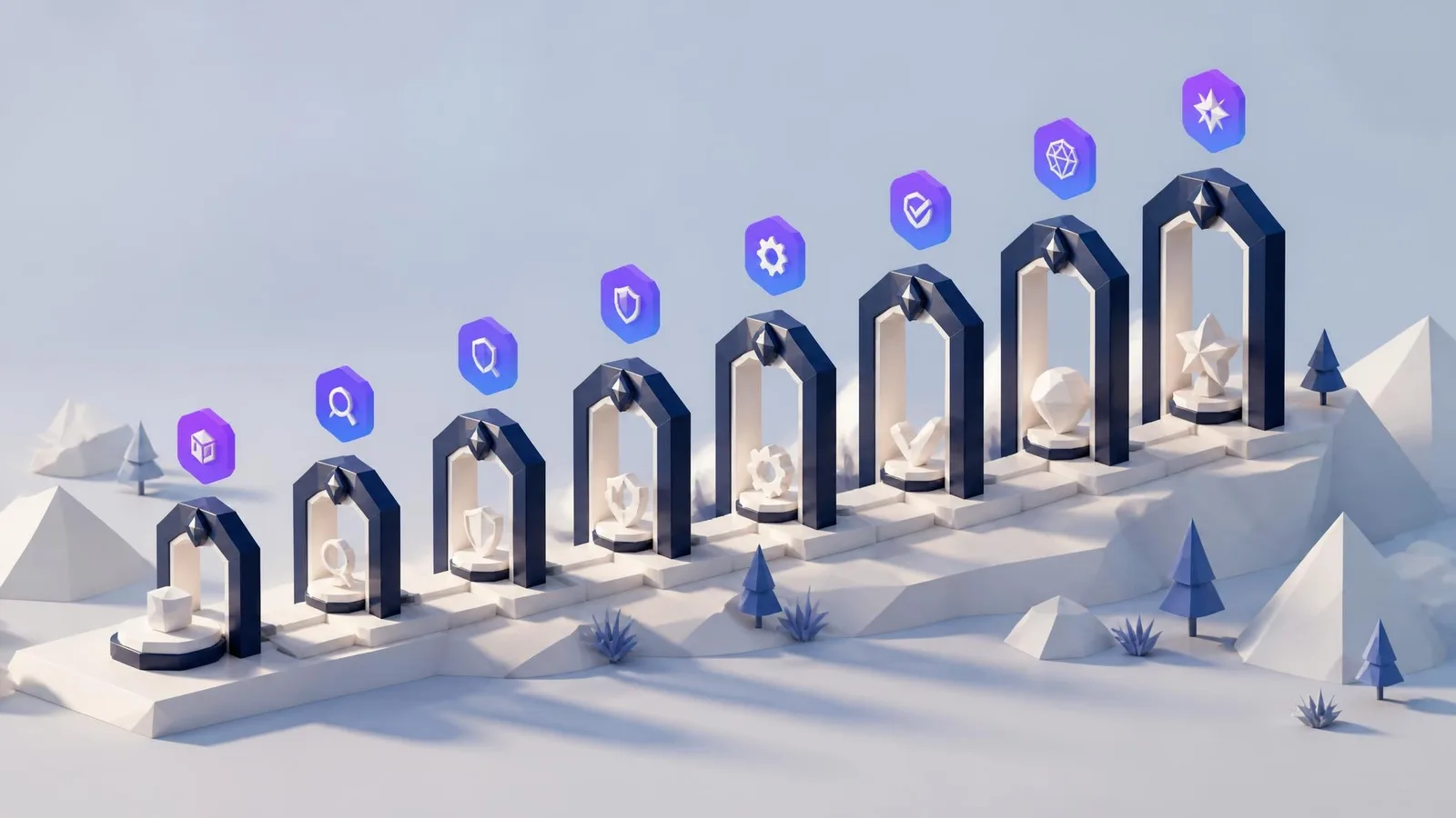 3D illustrated diorama showing 7 sequential geometric checkpoint arches in miniature, each with a small floating icon badge above it, connected left to right in a clean pipeline arrangement on a pale blue-grey background