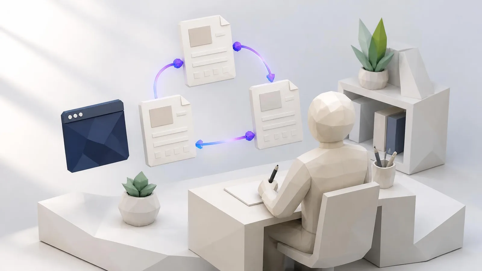 3D illustrated diorama of a small faceted figure seated at a white geometric desk reviewing floating document cards connected by violet gradient lines, on a soft blue-grey background