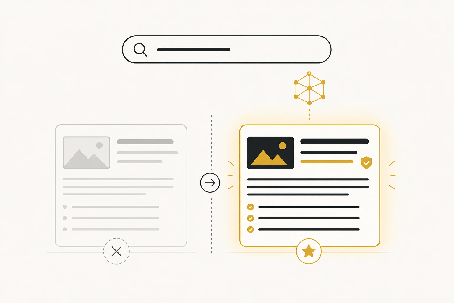 A flat illustration showing two search result cards side by side, one thin and faded and one bold and highlighted with a warm accent, representing the difference between low-quality content that gets ignored by AI search and authoritative content that gets cited.