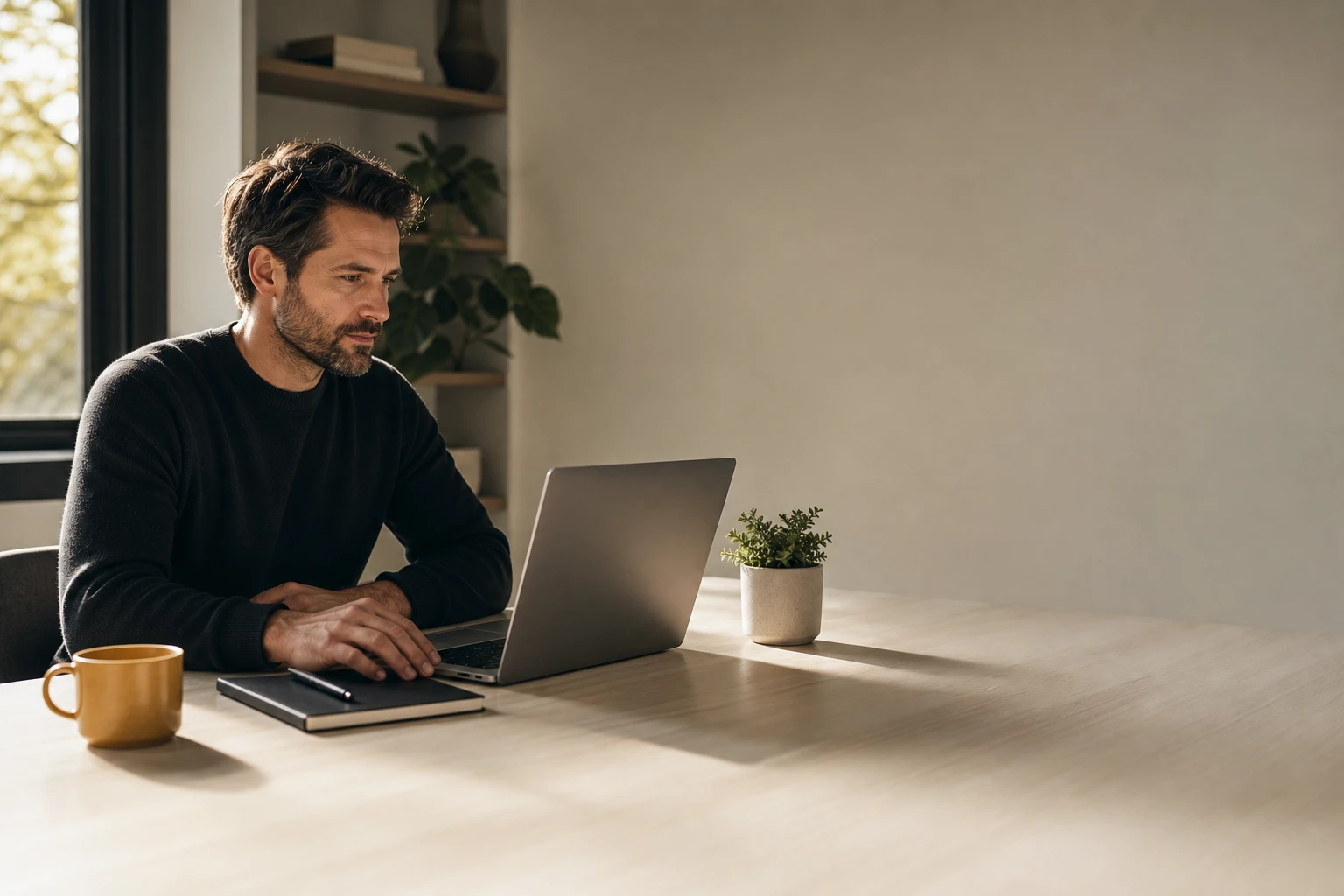 A focused founder or solo marketer seated at a minimal home office desk, looking at a laptop with a notebook and pen nearby, lit by warm natural window light, representing the calm confidence of building a content operation without a large team.
