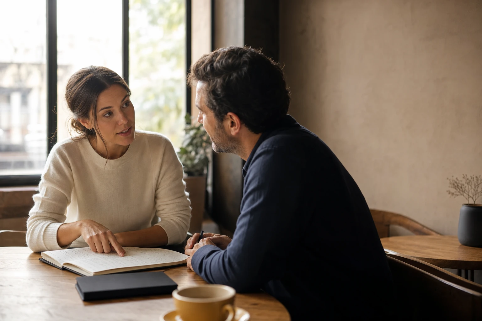 Two professionals in casual business attire having a genuine conversation over a notebook at a cafe table, lit by warm natural window light, representing how trust is built through real, helpful content interactions rather than high-volume broadcasting.