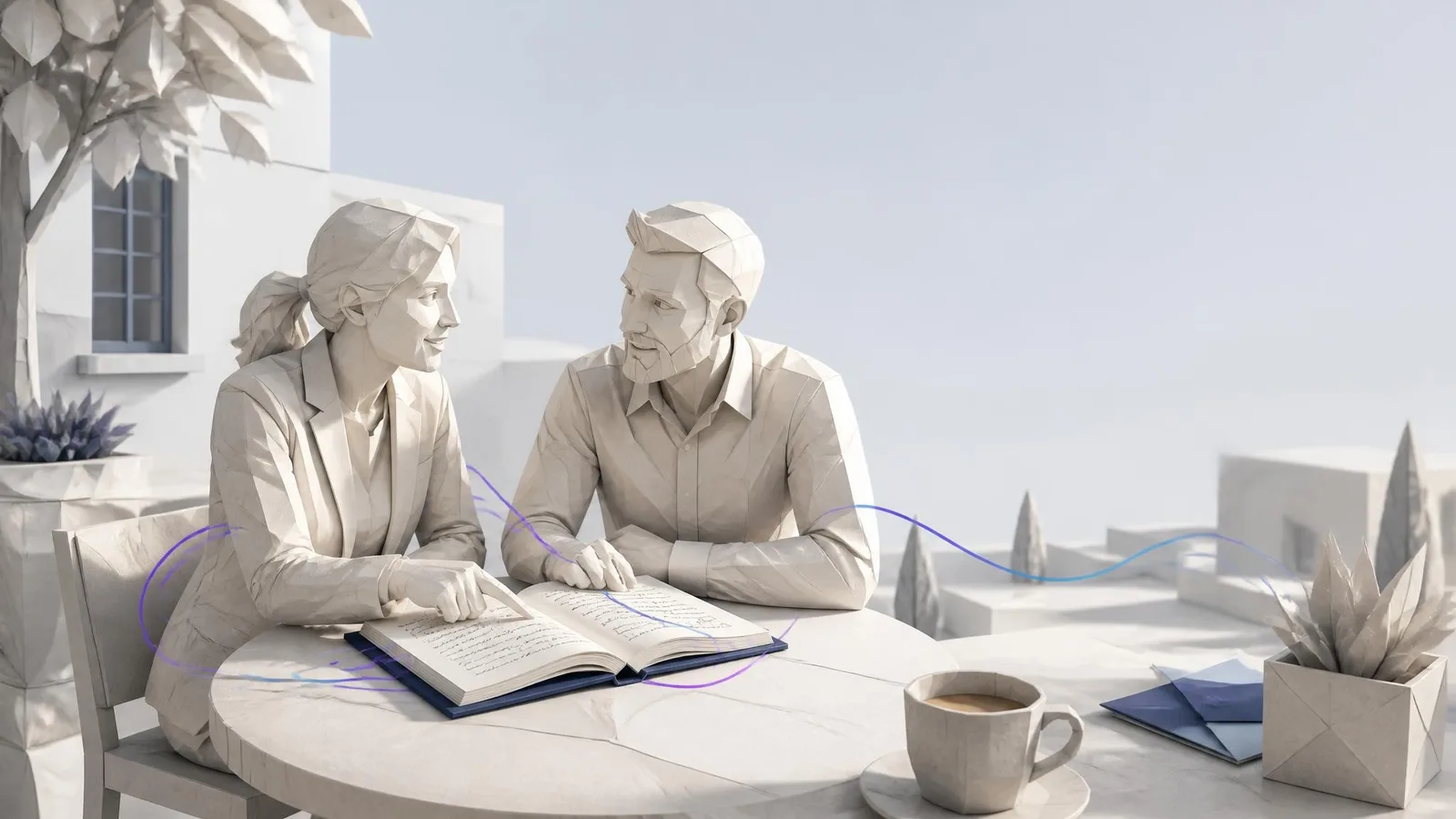 Two professionals in casual business attire having a genuine conversation over a notebook at a cafe table, lit by warm natural window light, representing how trust is built through real, helpful content interactions rather than high-volume broadcasting.