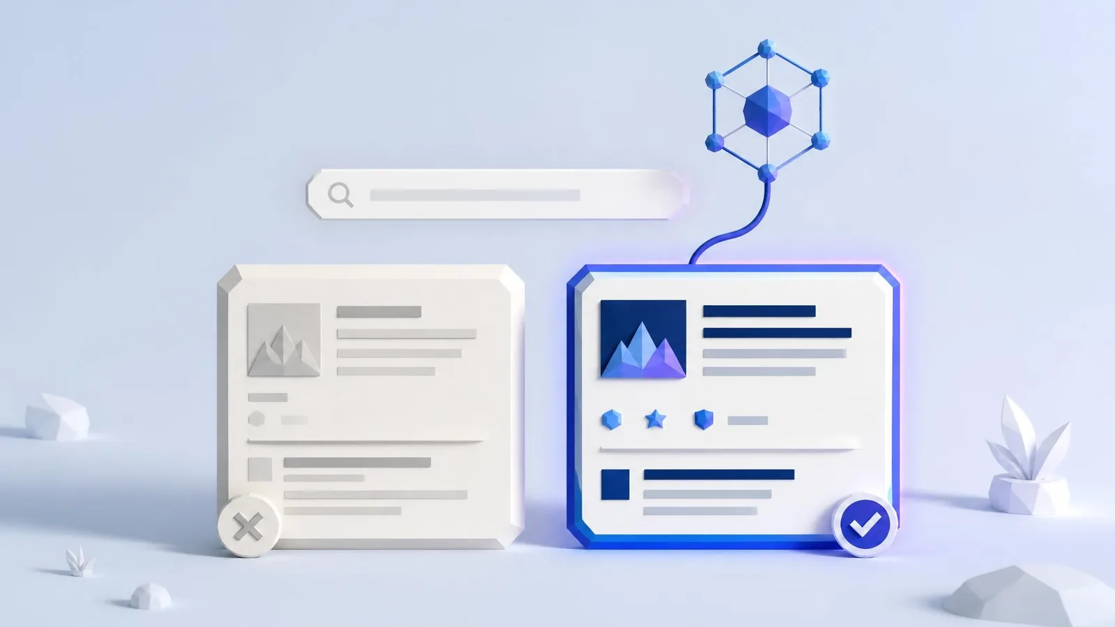 A flat illustration showing two search result cards side by side, one thin and faded and one bold and highlighted with a warm accent, representing the difference between low-quality content that gets ignored by AI search and authoritative content that gets cited.