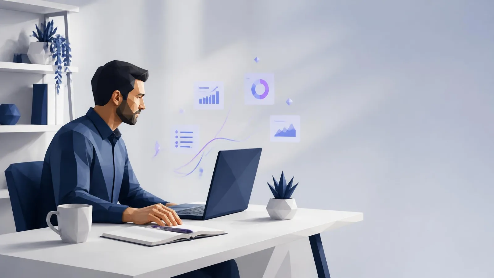 A focused founder or solo marketer seated at a minimal home office desk, looking at a laptop with a notebook and pen nearby, lit by warm natural window light, representing the calm confidence of building a content operation without a large team.