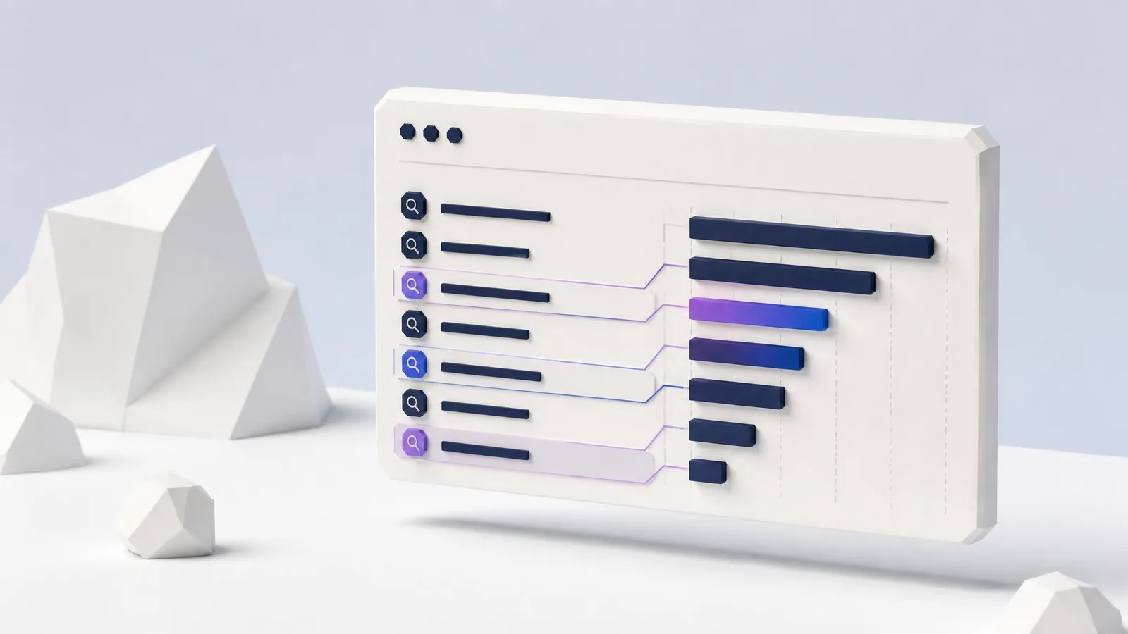 3D rendered illustration of a floating browser panel showing a simplified search query bar chart with highlighted rows in violet-blue gradient accents, representing the Google Search Console performance report used for content idea research.