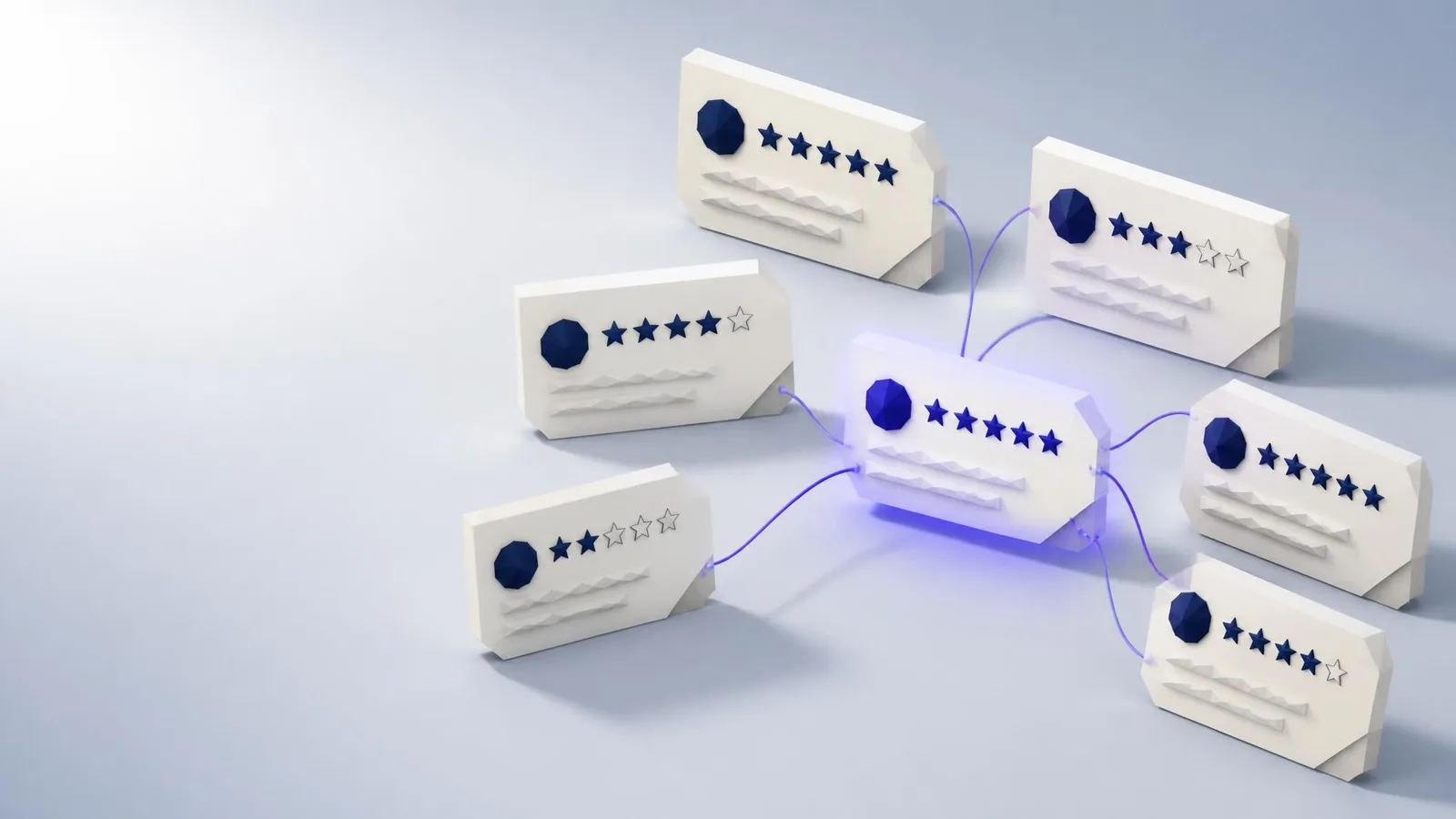 3D rendered illustration of floating review card objects in a fan arrangement connected by violet-blue curved lines, with one card highlighted, representing the process of mining customer review platforms like G2 and Capterra for content topic ideas.