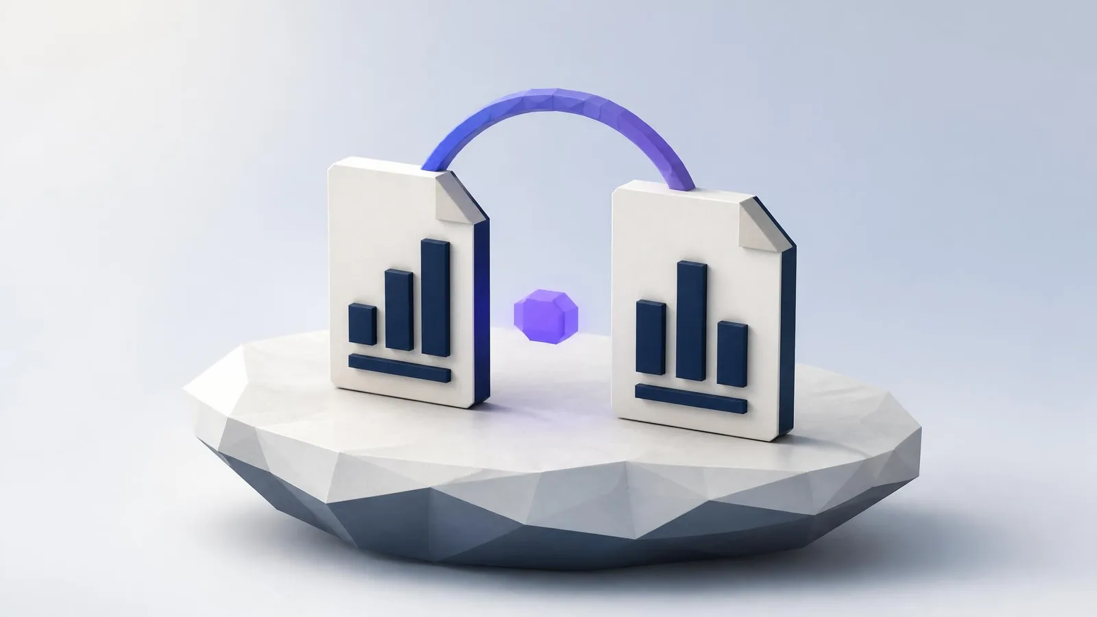 3D rendered illustration of two floating document tiles with simplified bar metric geometry connected by a violet-blue gradient arc, representing the use of keyword research tools as a directional comparison instrument for content planning.
