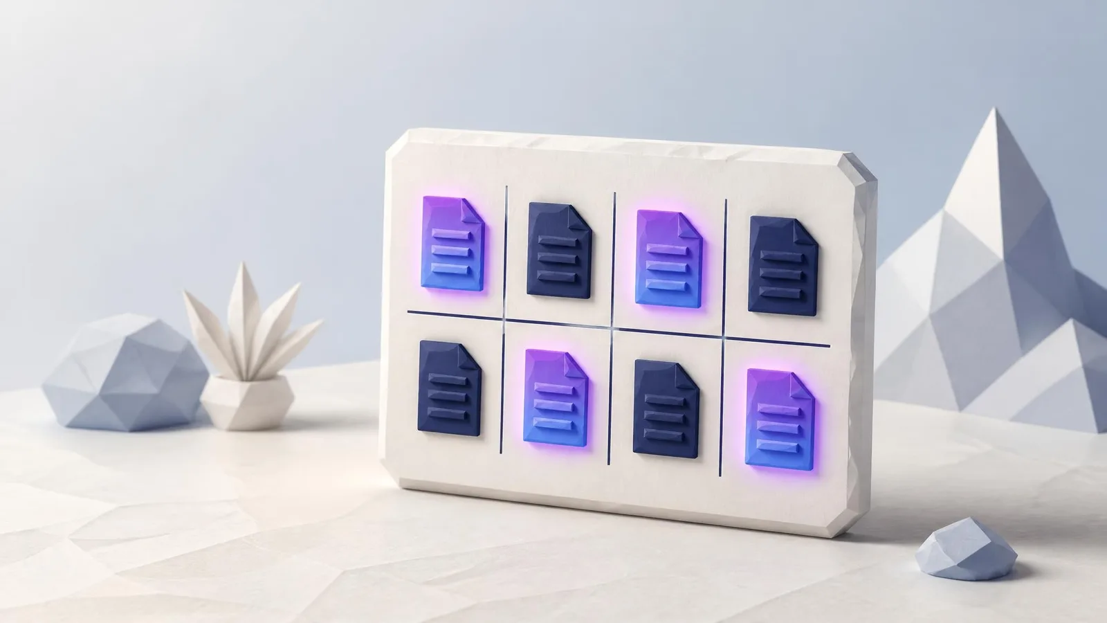 3D rendered illustration of a miniature content calendar grid slab with four highlighted chip slots glowing in violet-blue gradient, representing the process of prioritizing a tight set of high-intent topics for a lean marketing team's monthly publishing plan.