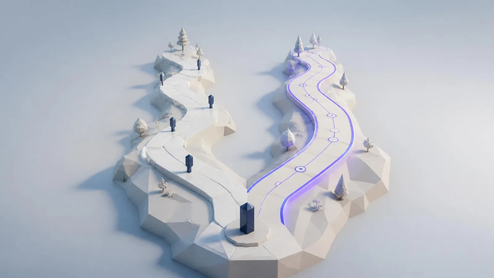An overhead view of two diverging paths from a single starting point, one well-established and the other newly marked, visualising the distinct but related nature of SEO and GEO as content strategies.