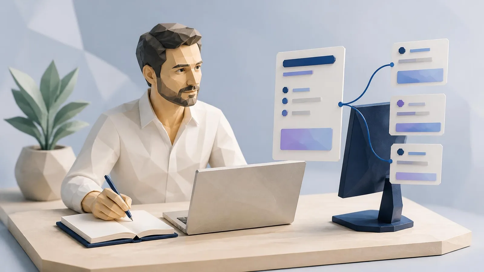 A person in casual business attire working at a light-wood desk with a laptop and notebook, representing a founder or lean marketing team member applying structured content thinking to SEO and GEO strategy.