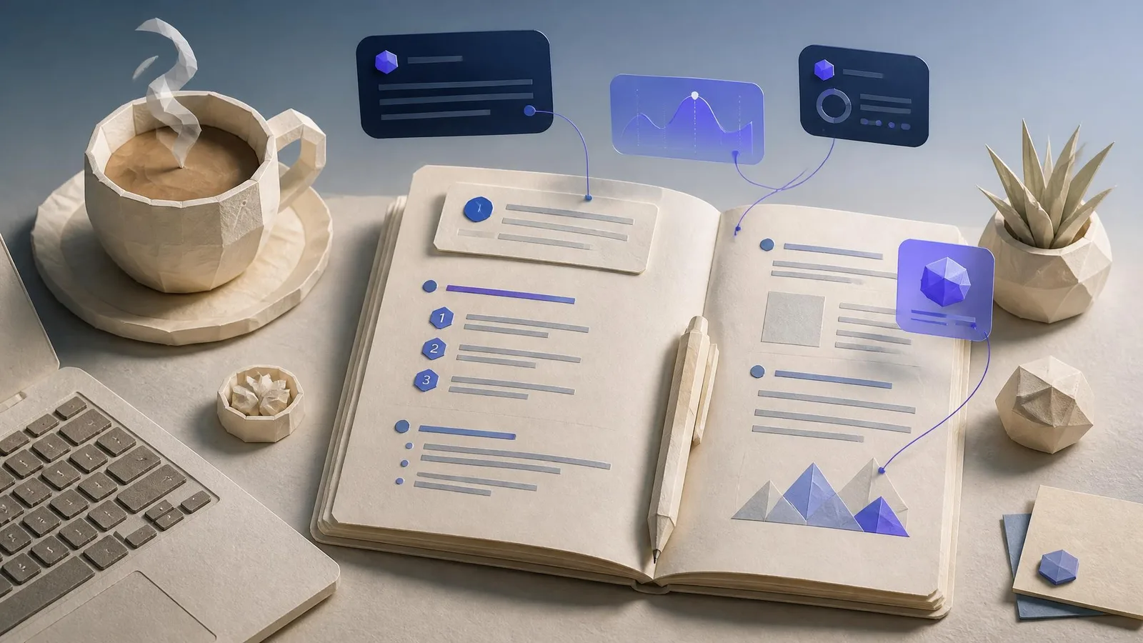 A close-up flat-lay of an open notebook showing a structured layout with section headings and a boxed answer paragraph, a coffee cup, and a laptop keyboard edge, representing the practical content tactics that serve both SEO and GEO.