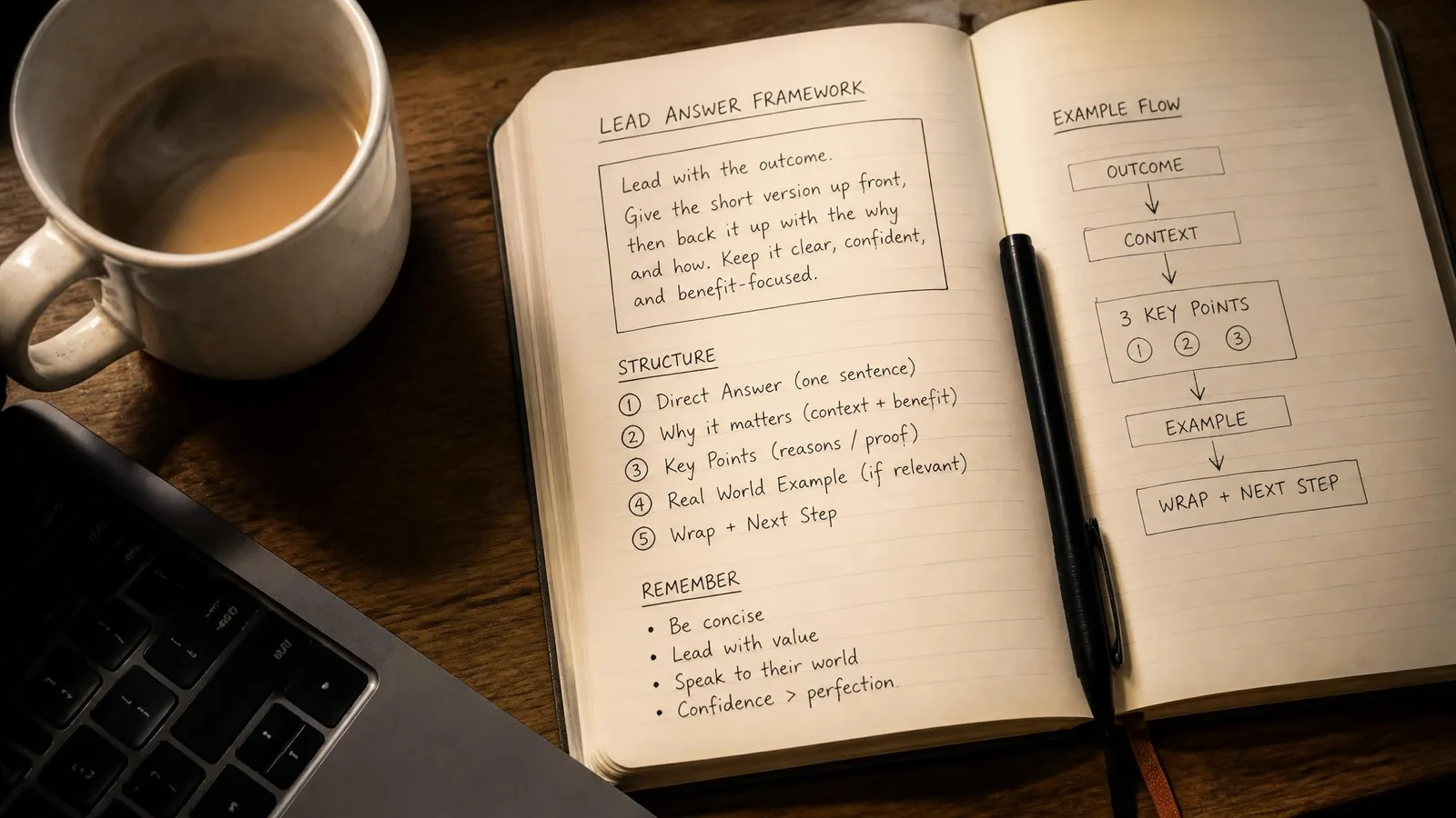 A close-up flat-lay of an open notebook showing a structured layout with section headings and a boxed answer paragraph, a coffee cup, and a laptop keyboard edge, representing the practical content tactics that serve both SEO and GEO.