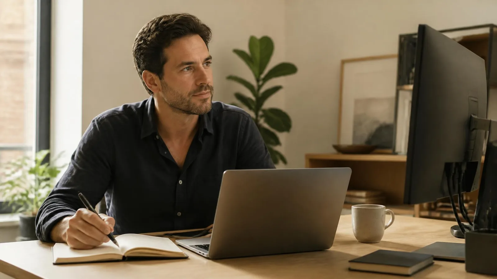 A person in casual business attire working at a light-wood desk with a laptop and notebook, representing a founder or lean marketing team member applying structured content thinking to SEO and GEO strategy.