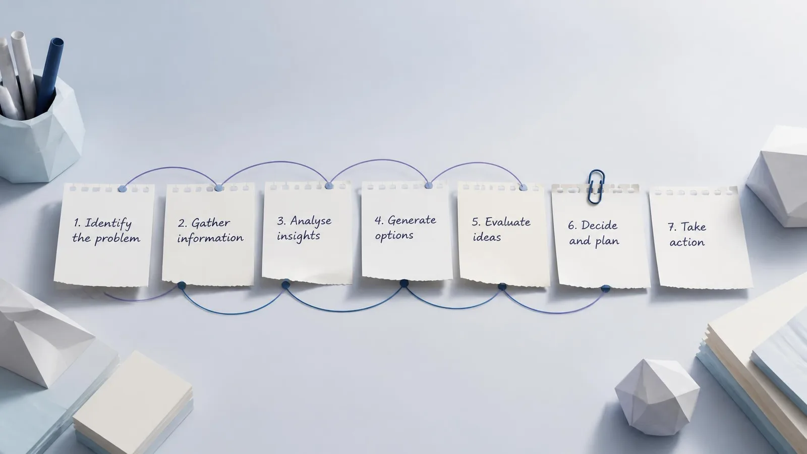 Seven small handwritten index cards arranged in a row on a light wood surface, each representing a distinct headline pattern, photographed in soft diffused light.