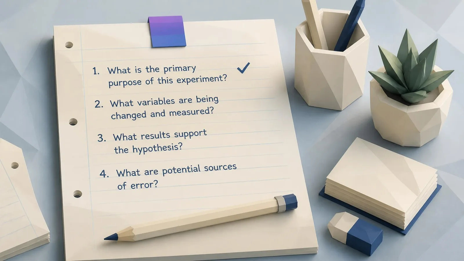 A sheet of lined notebook paper with four numbered handwritten review questions and a checkmark beside the first item, resting on a cream surface with a pencil alongside.
