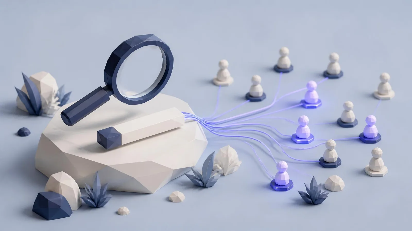 A 3D illustrated diorama of a magnifying glass hovering over a search query card, with indigo-violet connecting lines reaching toward small audience figures, some glowing to show active search demand, others matte to show its absence.