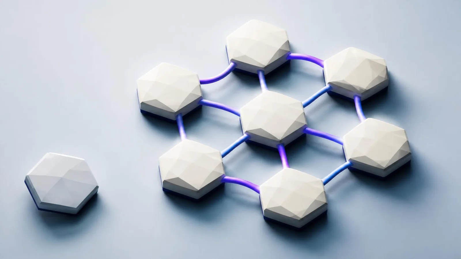 A 3D illustrated diorama of hexagonal content topic tiles forming a connected cluster at centre-right, with one isolated tile at the left edge unconnected by the violet gradient lines, representing a topic that falls outside the content cluster.
