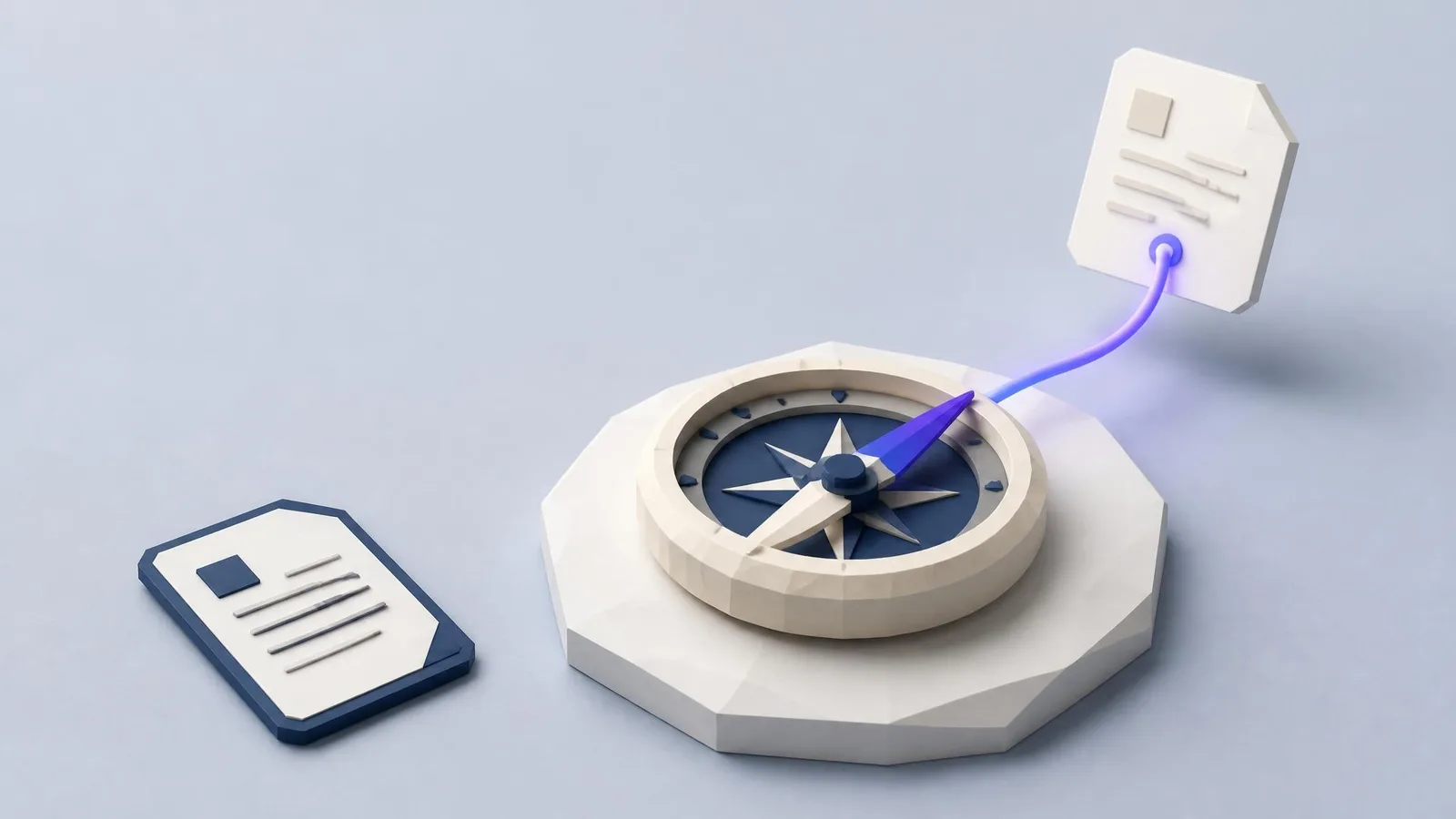 A 3D illustrated diorama of a miniature compass on a white geometric platform with one floating document card connected by a glowing violet line and a second card sitting unconnected nearby, representing content that serves a business goal versus content that does not.
