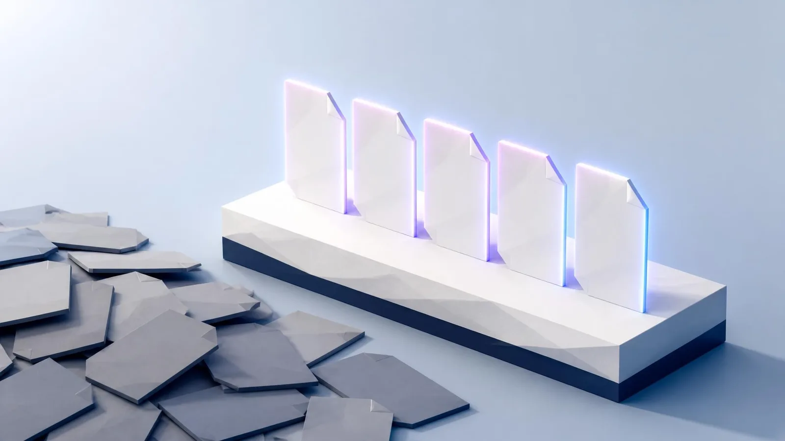 A 3D illustrated diorama of five upright document cards with glowing violet edges standing on a white platform, with a pile of flat greyed-out discarded cards in the foreground, representing a filtered and curated content backlog after the 5 kill tests have been applied.