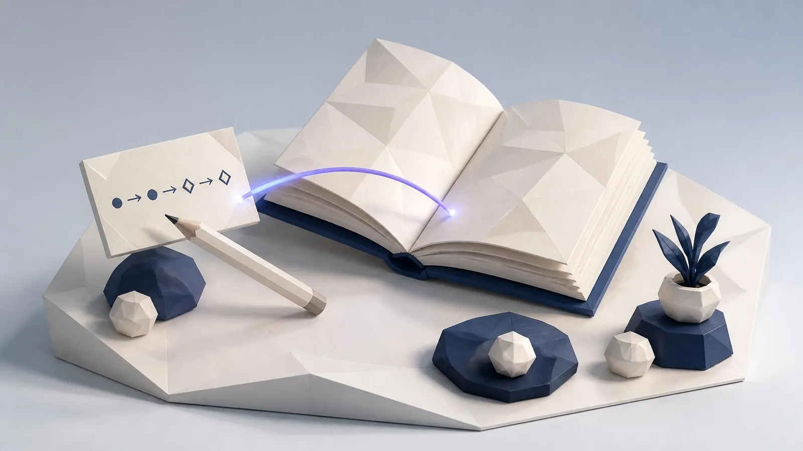 Open paperback book and a handwritten index card outlining a story hook structure, reference, connection, pivot, topic, with a pencil resting across them on a cream surface.