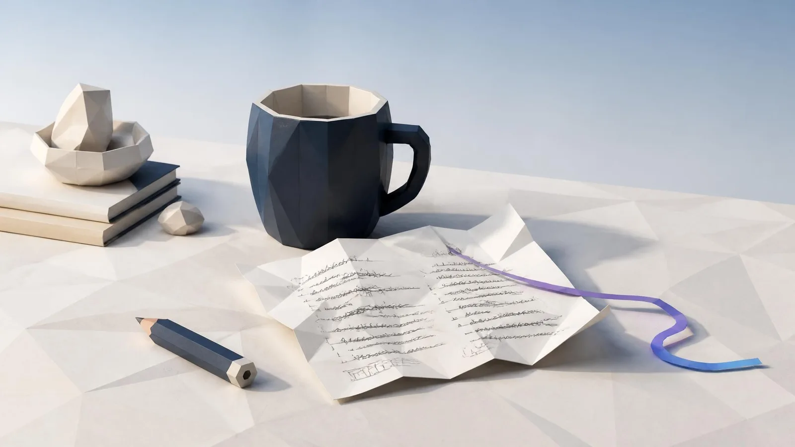 Cold coffee mug beside a sheet of paper covered in crossed-out writing attempts and an abandoned pencil on a pale linen surface, conveying the familiar frustration of a blog intro that won't come together.