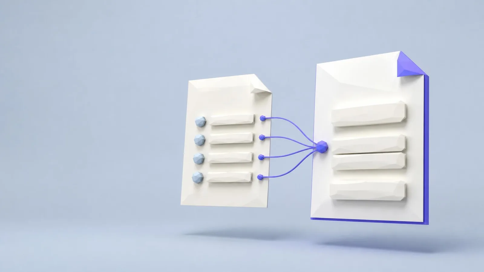 Two 3D illustrated floating document panels side by side, one plain and one highlighted with a violet-indigo accent edge, representing the transformation from a feature-first product description to an outcome-focused one.