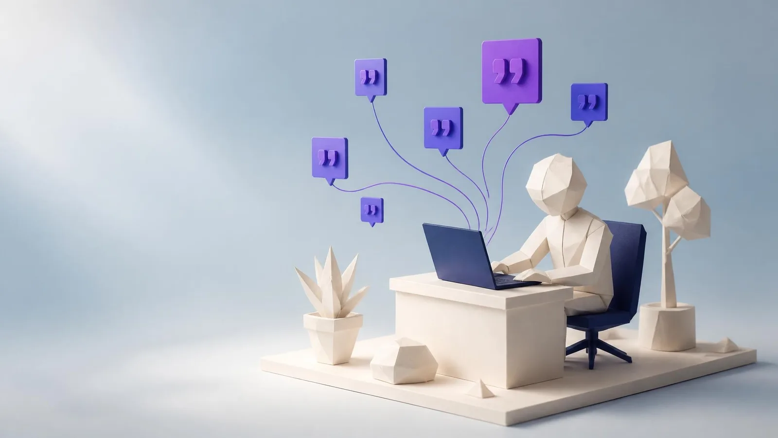 3D illustrated low-poly figure seated at a minimal desk with floating speech-bubble badges connected by indigo gradient lines, representing the concept of mirroring a buyer's own language in product copy.