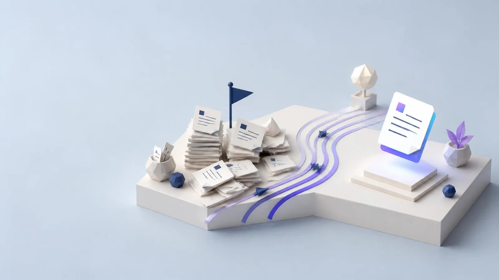 3D illustrated miniature diorama showing two contrasting desk zones, one with stacked disorganised document tiles in navy tones and one with a clean floating document card in violet-indigo, representing the before and after states in product copywriting.
