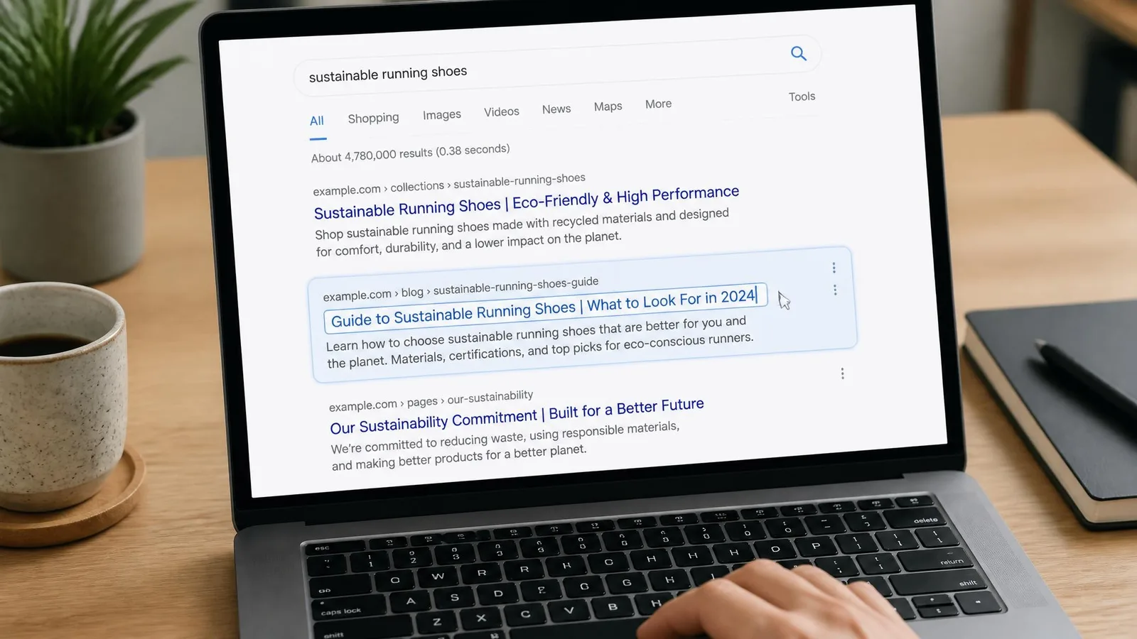 Close-up of a laptop screen displaying a search results page with title tags and meta descriptions, a hand resting on the trackpad suggesting active editing.