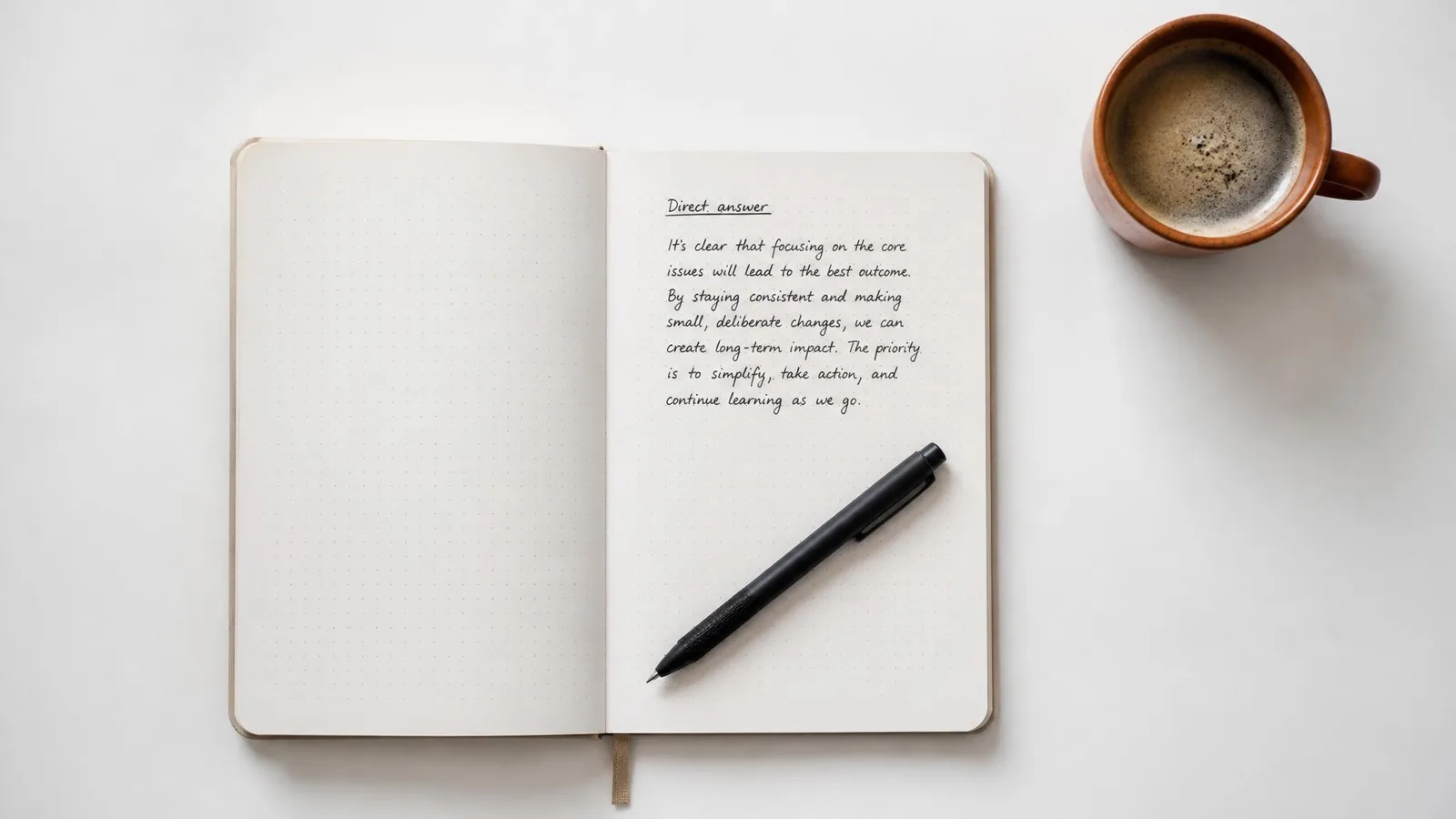 Flat-lay overhead view of an open notebook with a short structured paragraph at the top, a pen resting across it, and a coffee cup nearby on a clean white desk.