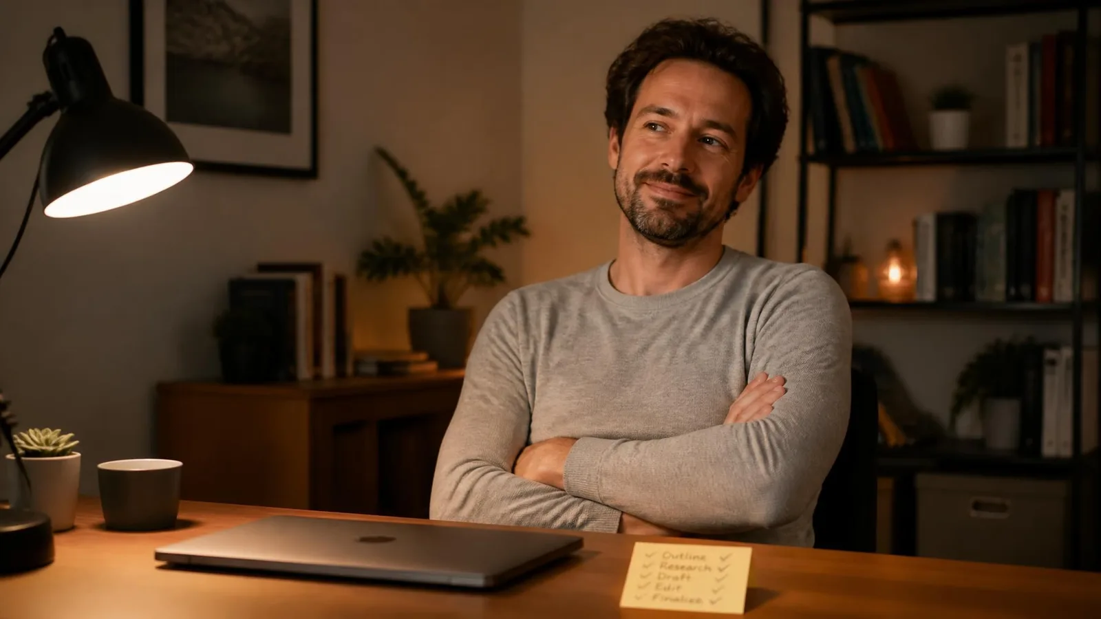A person leaning back in their chair at a minimal desk with a closed laptop and a ticked checklist on a sticky note, looking relaxed and satisfied after completing a set of tasks.