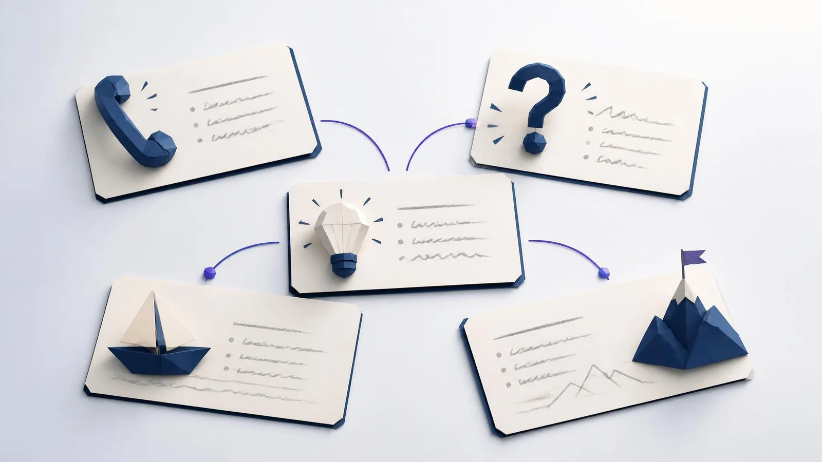A flat-lay of handwritten index cards on a cream surface, each card representing a different source of keyword ideas such as customer language, sales questions, and search suggestions, illustrating how to build a broad candidate list before filtering.