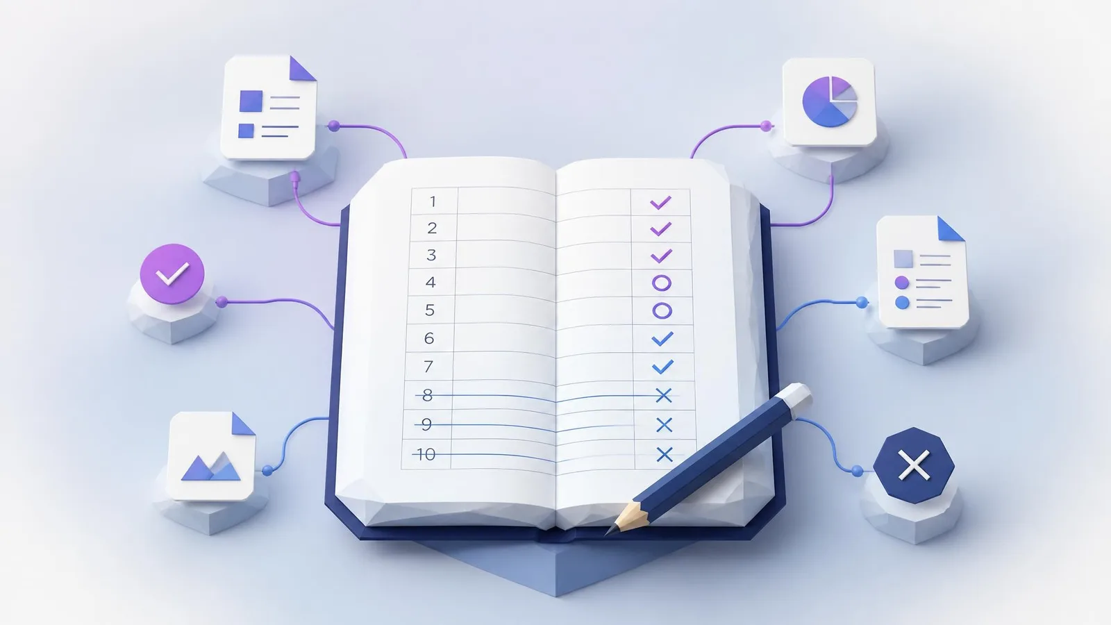 An open notebook on a light wood surface showing a hand-drawn table with ten rows ticked or circled in amber-gold ink and three rows crossed out in charcoal pencil, representing the worked example of a keyword filtering process that reduced 54 candidates to 10 qualifying terms.