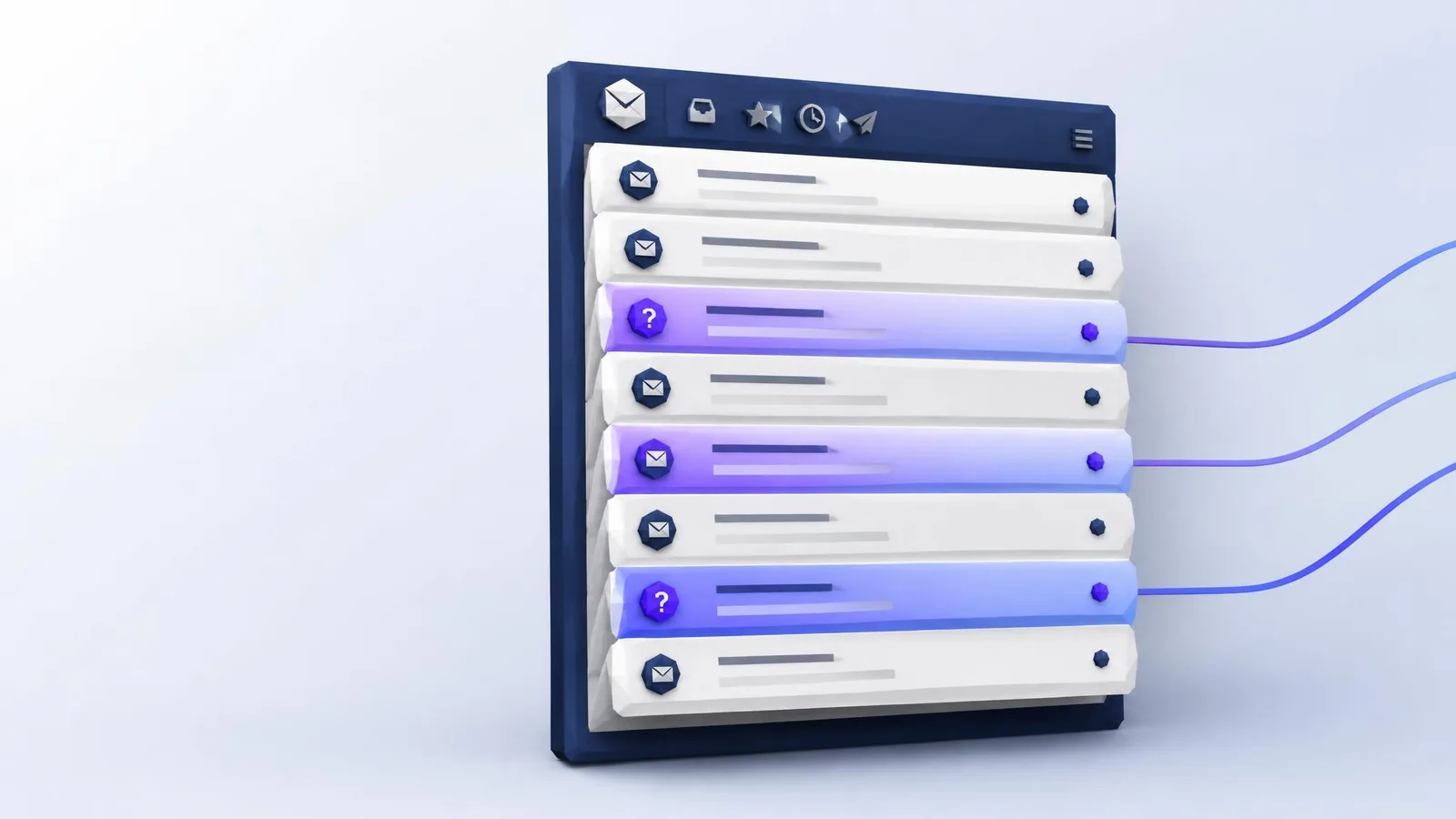 3D illustrated floating inbox panel with stacked white email tiles, several highlighted in violet-blue gradient to indicate repeated prospect questions, against a pale blue-grey gradient background.