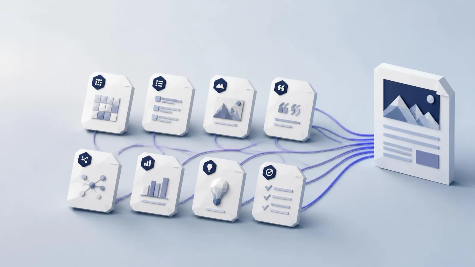 3D illustrated grid of 8 semi-physical white document cards with navy icon badges, connected by violet curved lines to a stylised blog document, arranged as a miniature diorama against a soft blue-grey background.