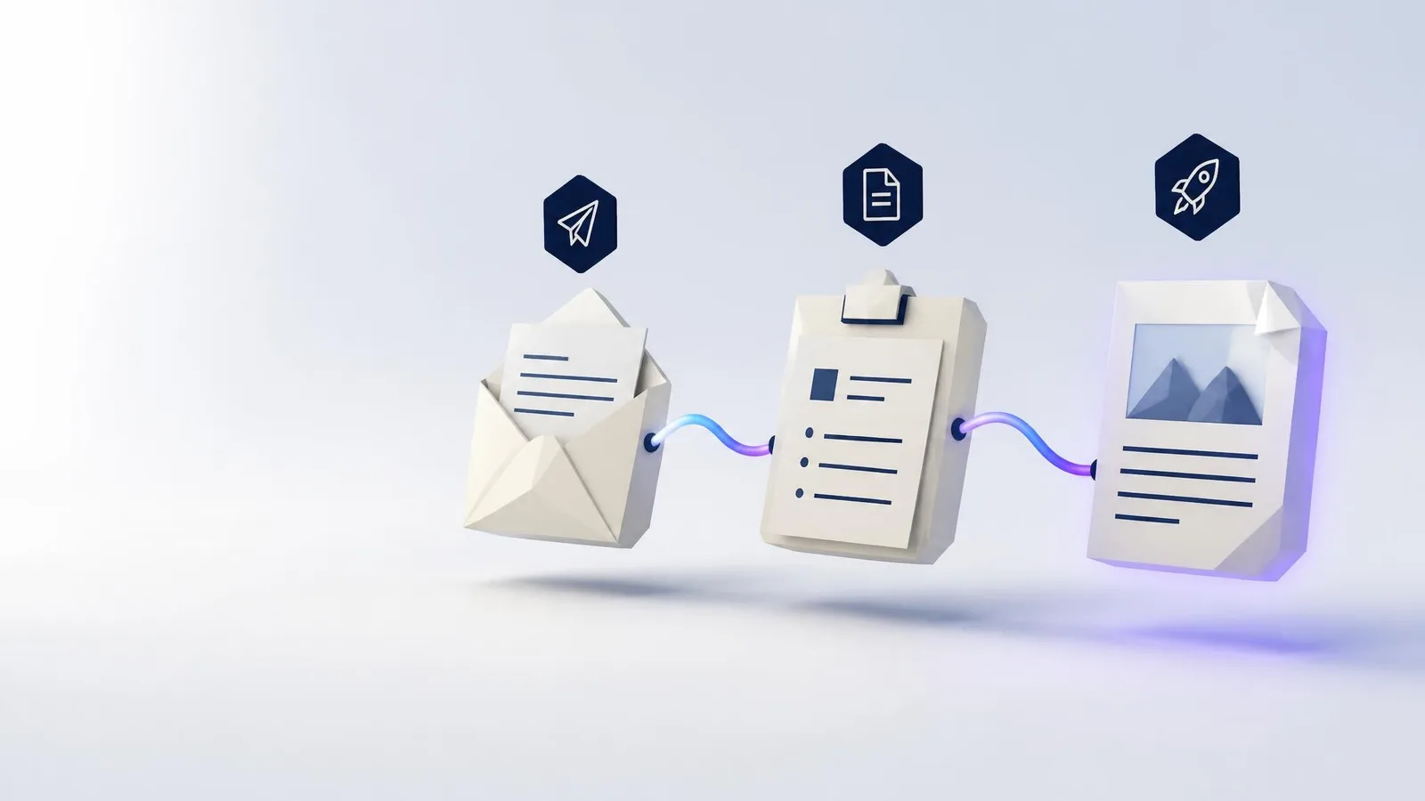 3D illustrated three-stage workflow pipeline showing semi-physical geometric objects connected by violet-blue gradient curved lines, representing the journey from a sales email to a published article, rendered in papercraft-style low-poly 3D.
