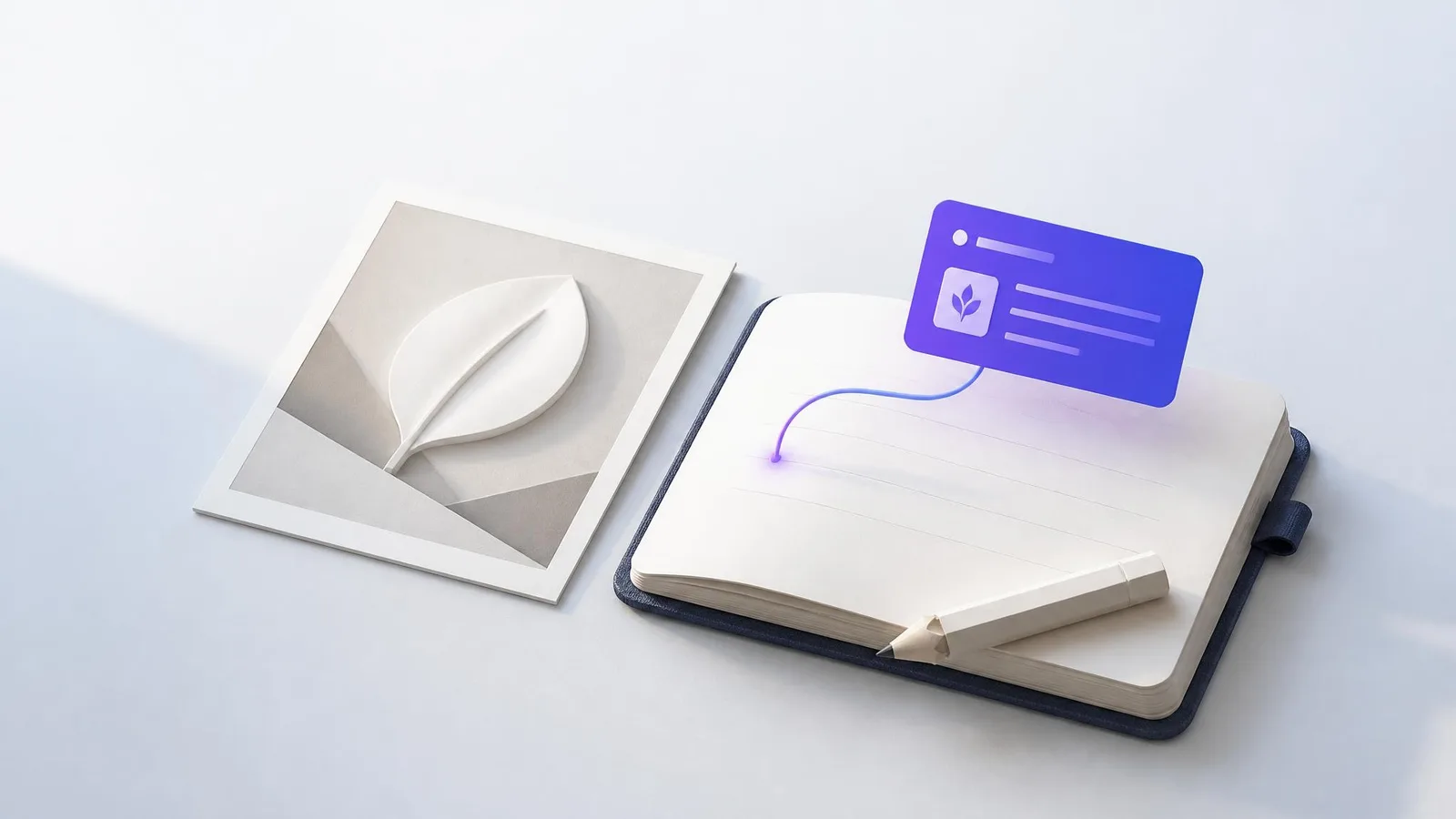 Flat-lay of a printed photograph beside an open notebook with handwritten lines describing the image, representing the practice of writing alt text, with a pencil resting at the bottom.
