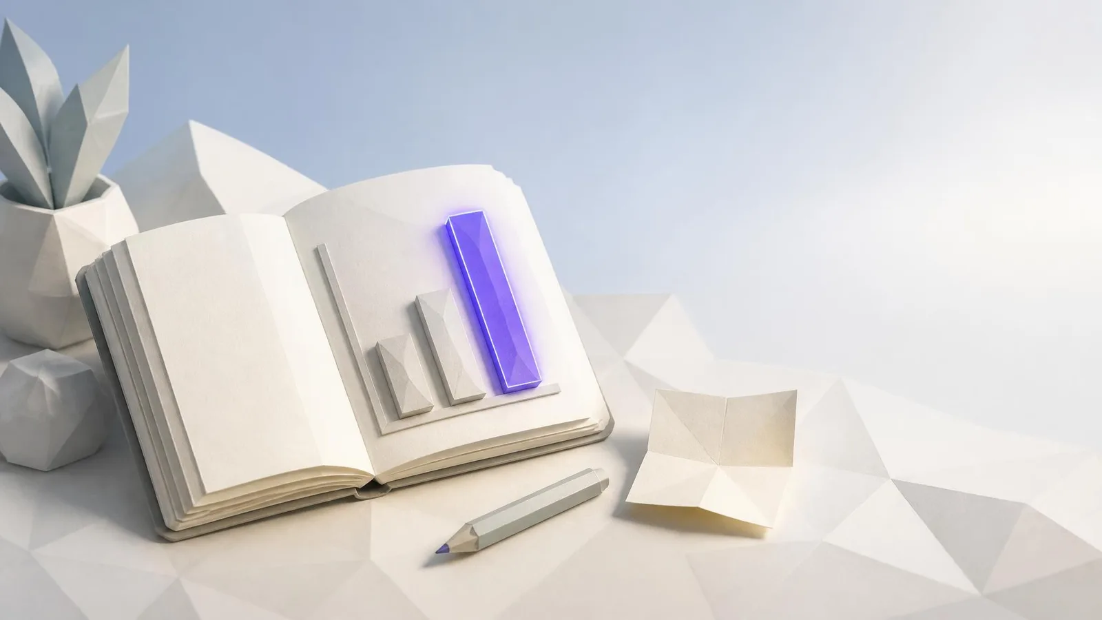 Flat-lay of an open notebook with a hand-sketched bar chart, a pencil, and a folded paper note on a light wood surface, representing content performance signals and the relationship between readability and search rankings.