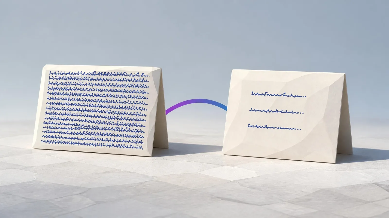 Two handwritten index cards on a cream surface side by side, one dense and cramped, one with three short spaced lines, illustrating the trust impact of hard-to-read versus clear content.