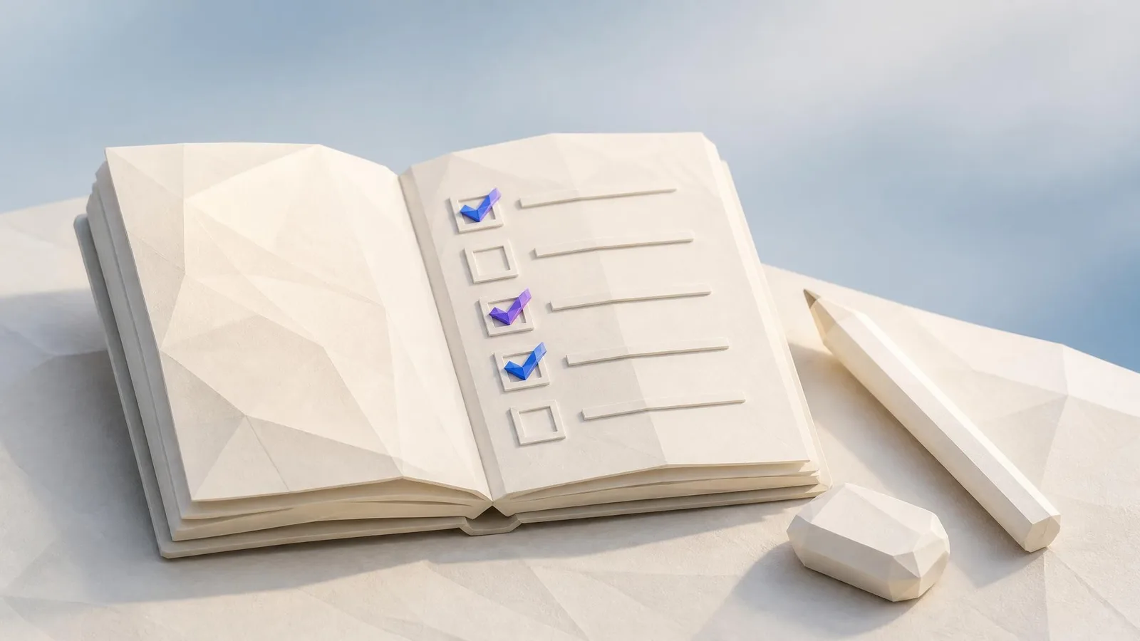 Open notebook with a hand-drawn five-item checklist, three boxes ticked and two open, alongside a pencil and eraser on a cream surface, representing a practical content readability review process.
