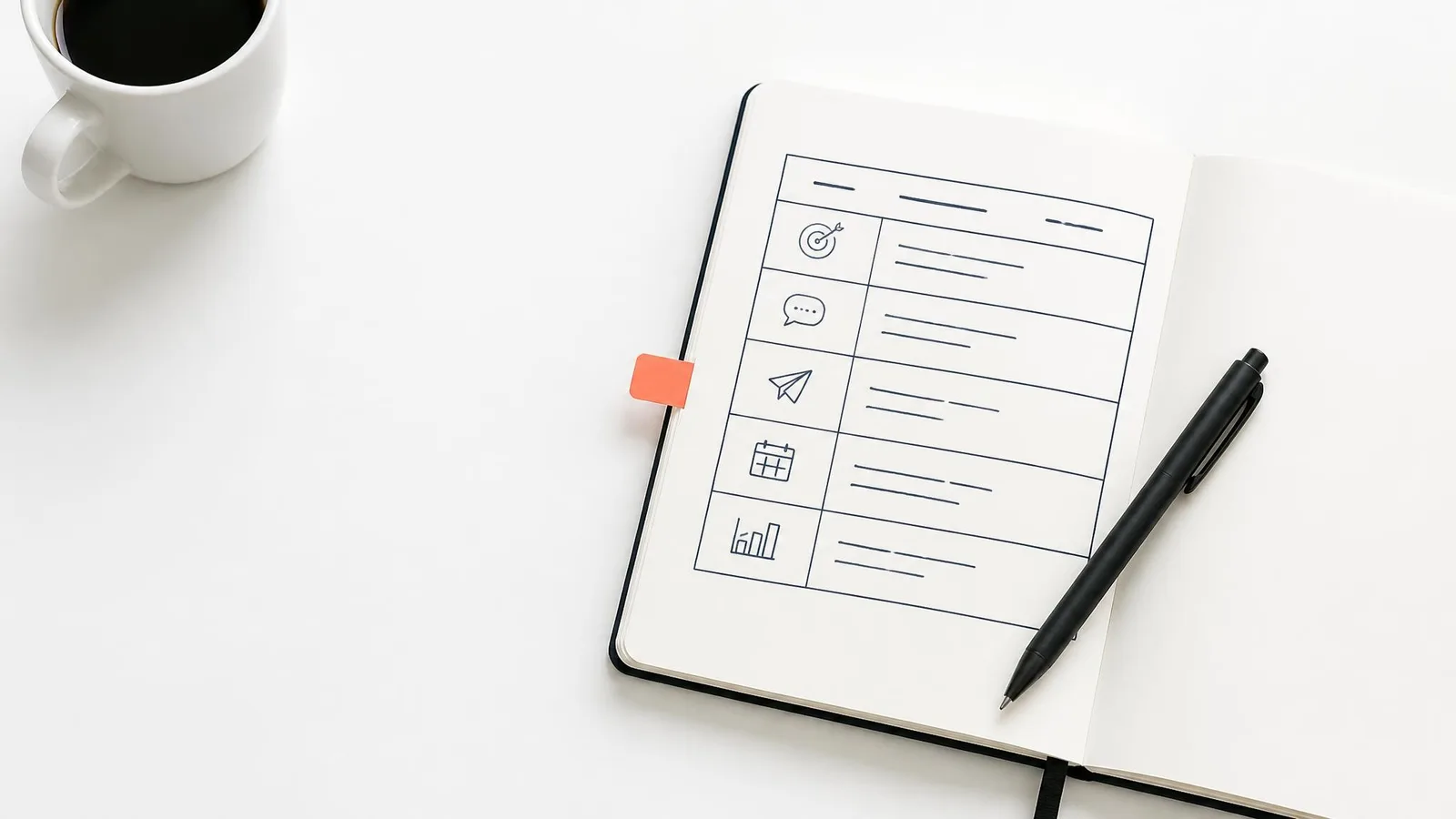 Overhead flat-lay of a notebook with a handwritten five-row campaign framework table, a black pen, a coral adhesive tab, and a white coffee cup on a clean white desk.