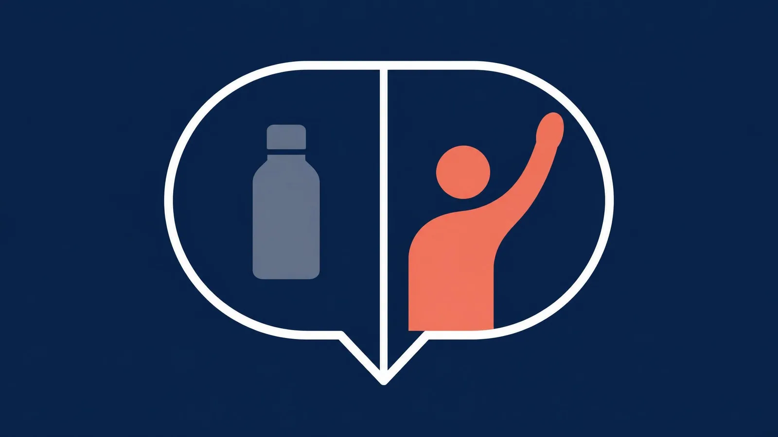 Flat vector illustration of a speech bubble split between a muted product icon on the left and a bold coral human insight symbol on the right, on a deep navy background.