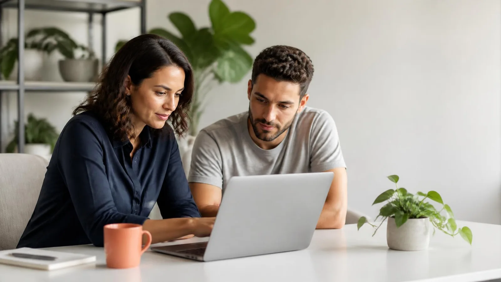 Two members of a small marketing team seated at a white desk reviewing campaign content on a shared laptop in a bright, plant-filled office.