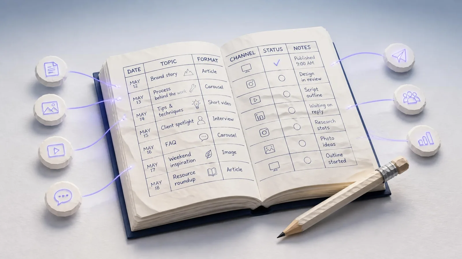Close-up of an open notebook showing a hand-drawn content calendar grid with pencil notations and a checkmark beside a completed row, with a wooden pencil resting across the corner, illustrating a simple, repeatable publishing workflow.