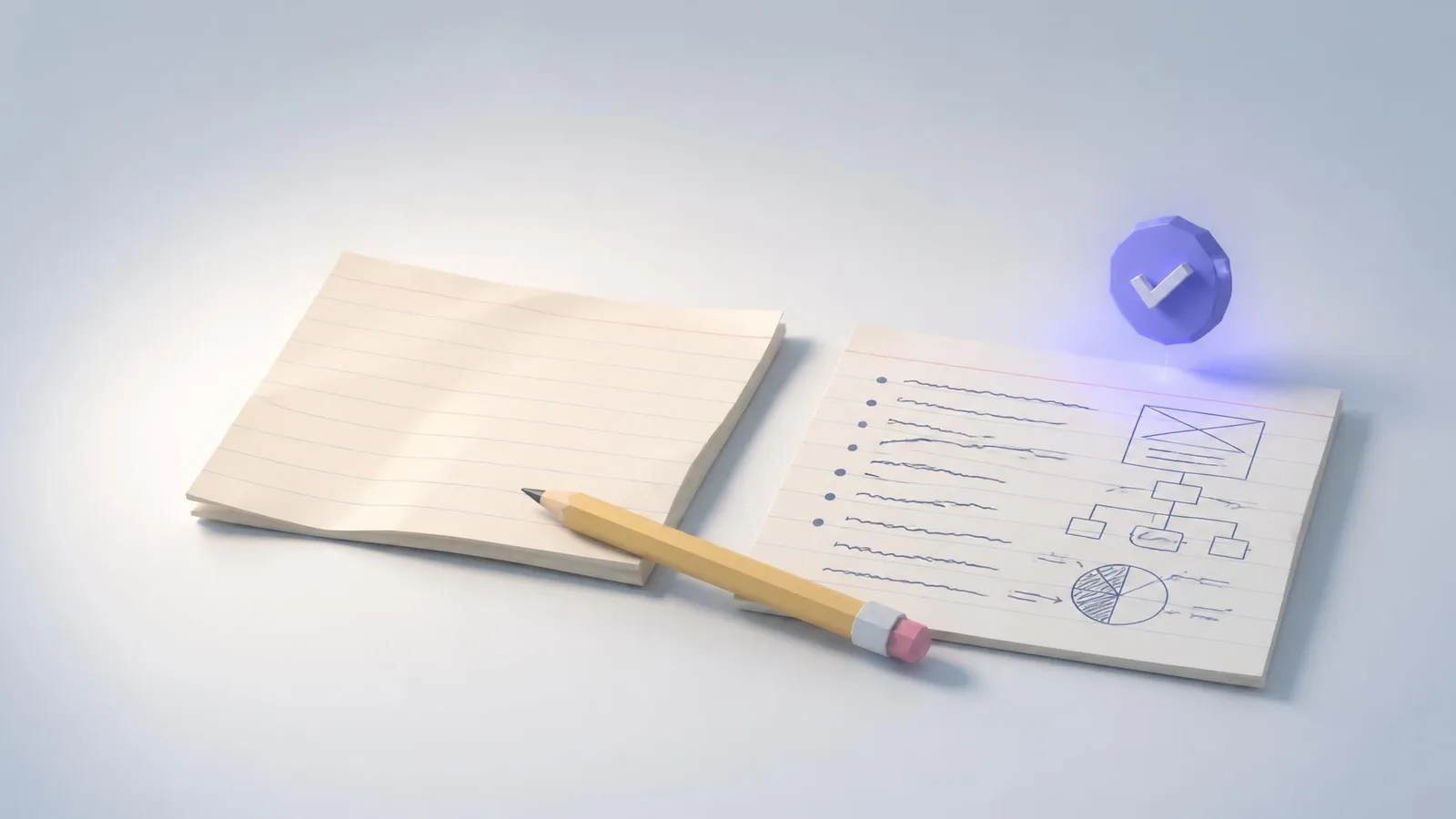Two index cards side by side on a linen surface, one blank and crumpled, one filled with handwritten bullet points and a small diagram, with a pencil bridging them, illustrating the difference between a vague content brief and a well-structured one.