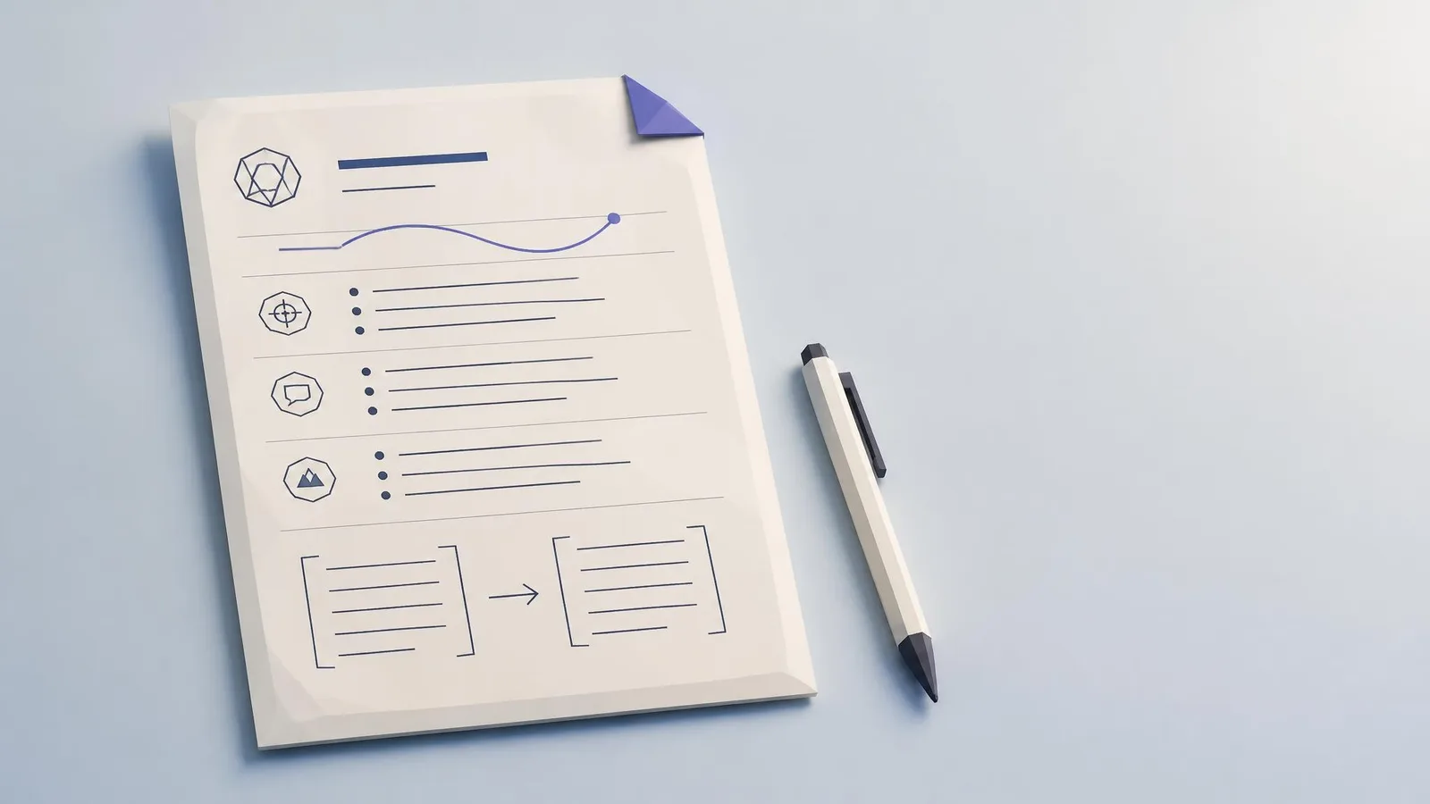 A one-page voice reference document layout hand-drawn on cream paper, showing labelled sections and a before-and-after copy block, with a pen and amber-gold sticky flag alongside, representing a brand voice guide built for lean content teams.